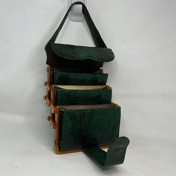 Emerald Green Snakeskin and Caramel Bakelite Geometric Tiered Handbag - Picture 6 of 16